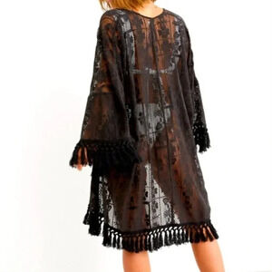 Aerie Patchwork Fringe Patchwork Crochet Swim Cover Up Kimono Size M/L